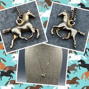 Horse Pendant Necklace Double Sided 16 In Silver Race Trotting Jockey Equestrian